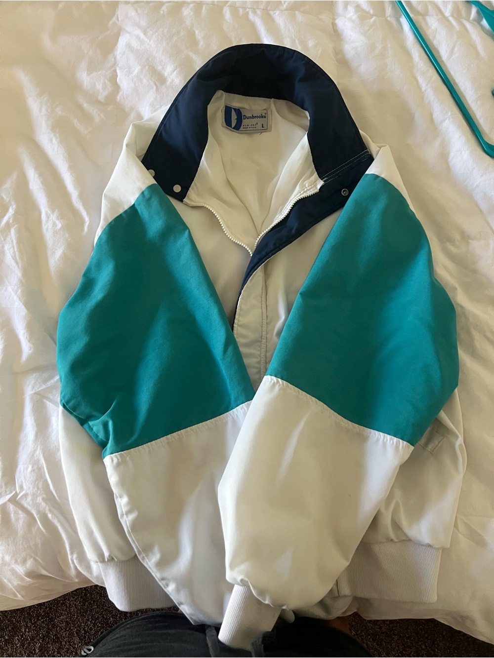 Dunbrooke White & Teal Colorblock Windbreaker with Navy Trim